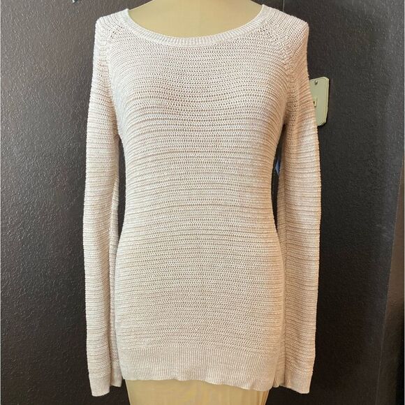 ANN Taylor Loft size medium soft pink open knit crew neck tunic sweater - Picture 5 of 5